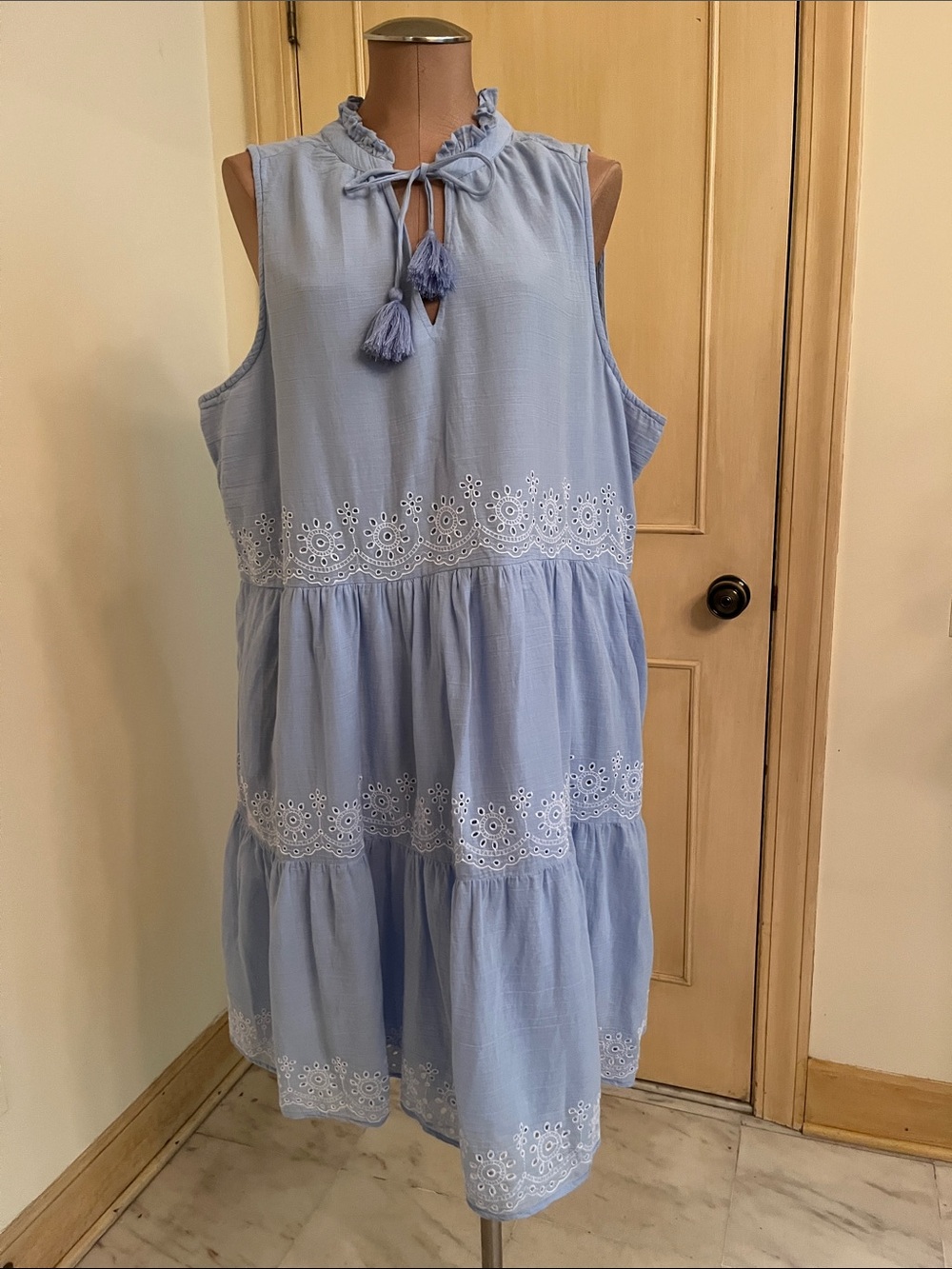 CROWN & IVY Cottage Nantucket Summer Lt Blue Sleeveless Eyelet Tiered Dress XXL
